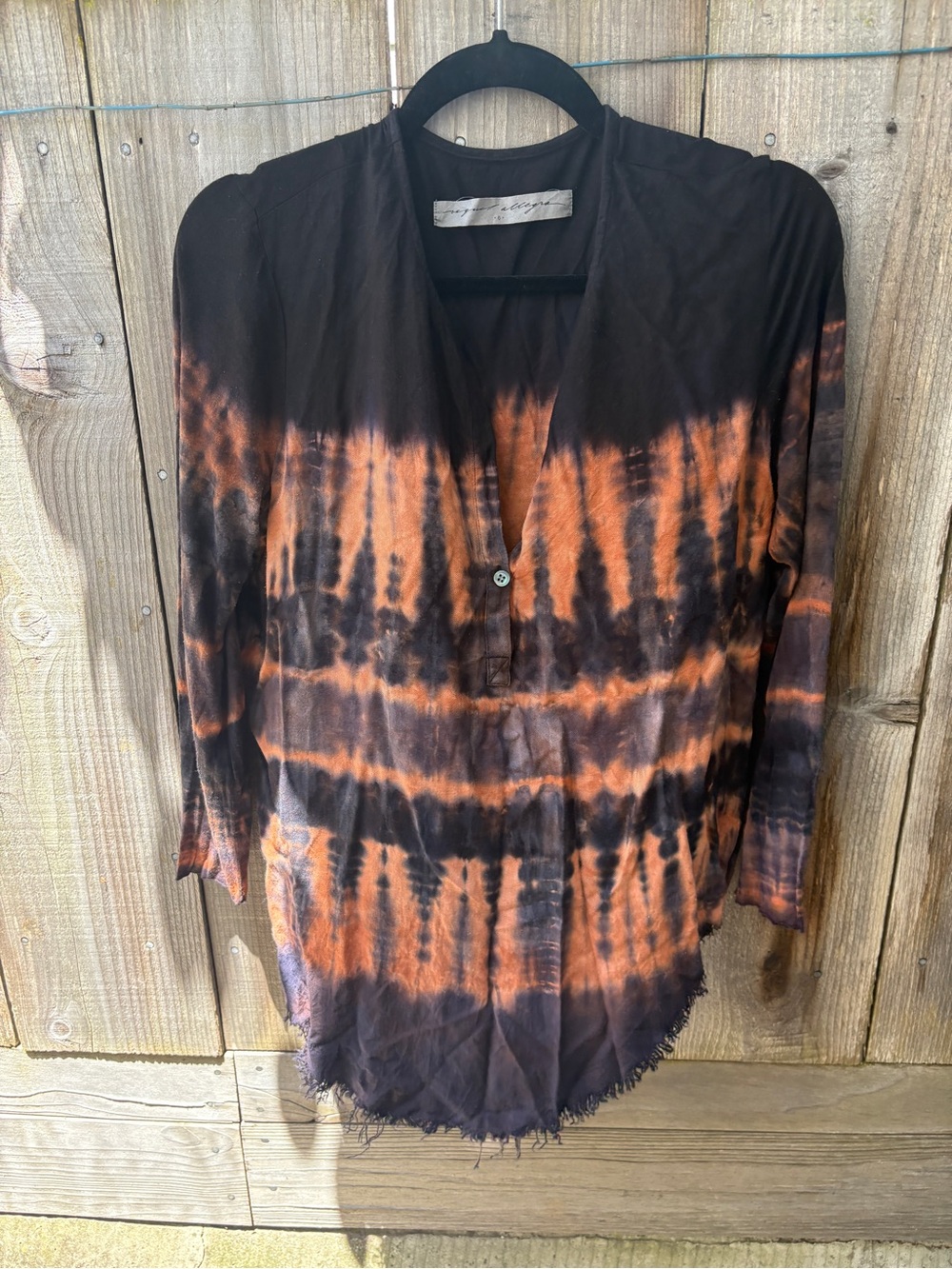 Raquel Allegra Black and Orange Tie-Dye V-Neck Long Sleeve Top